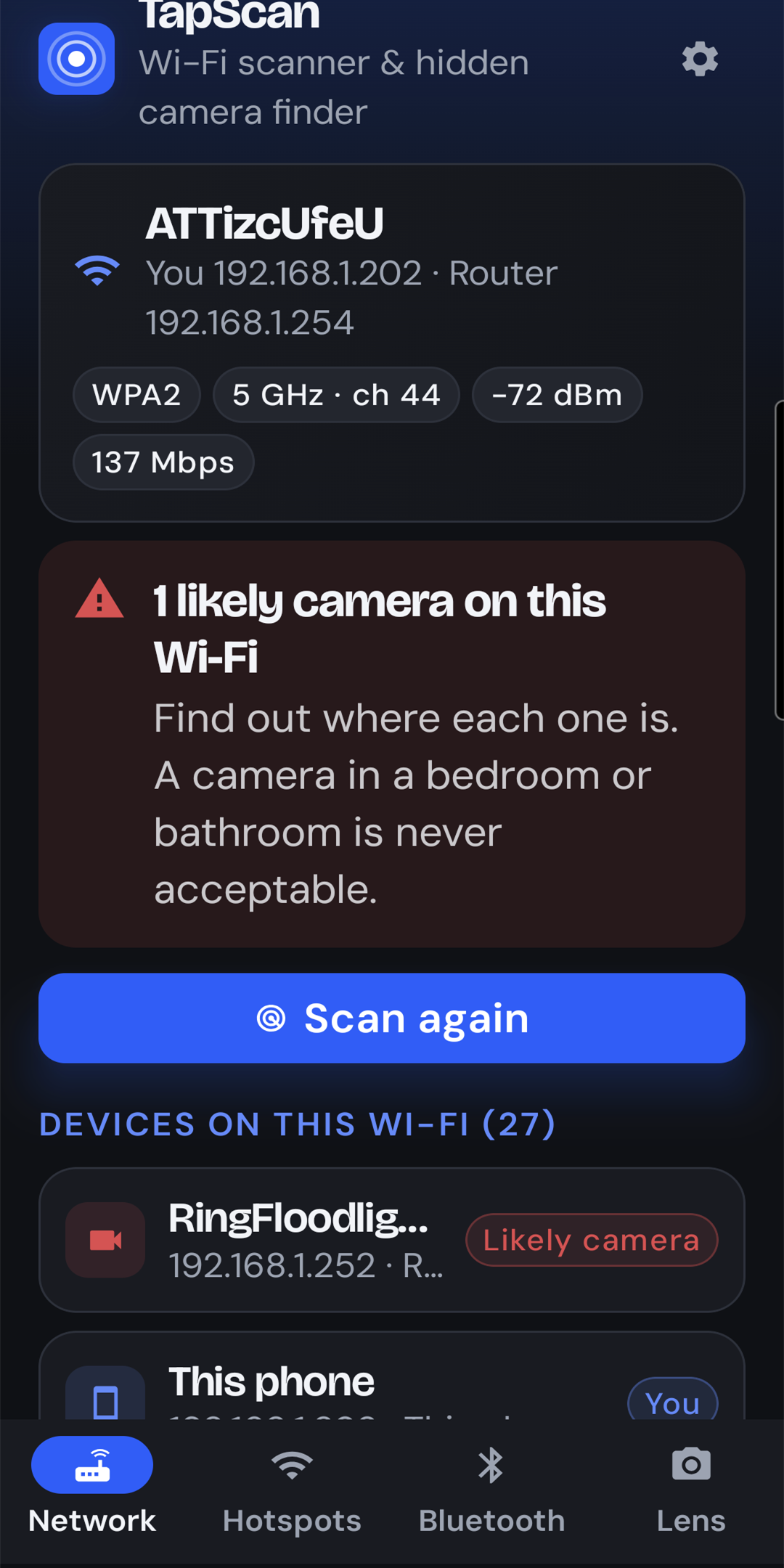 Scan results warning of one likely camera on this Wi-Fi, with a Ring floodlight camera flagged in the device list