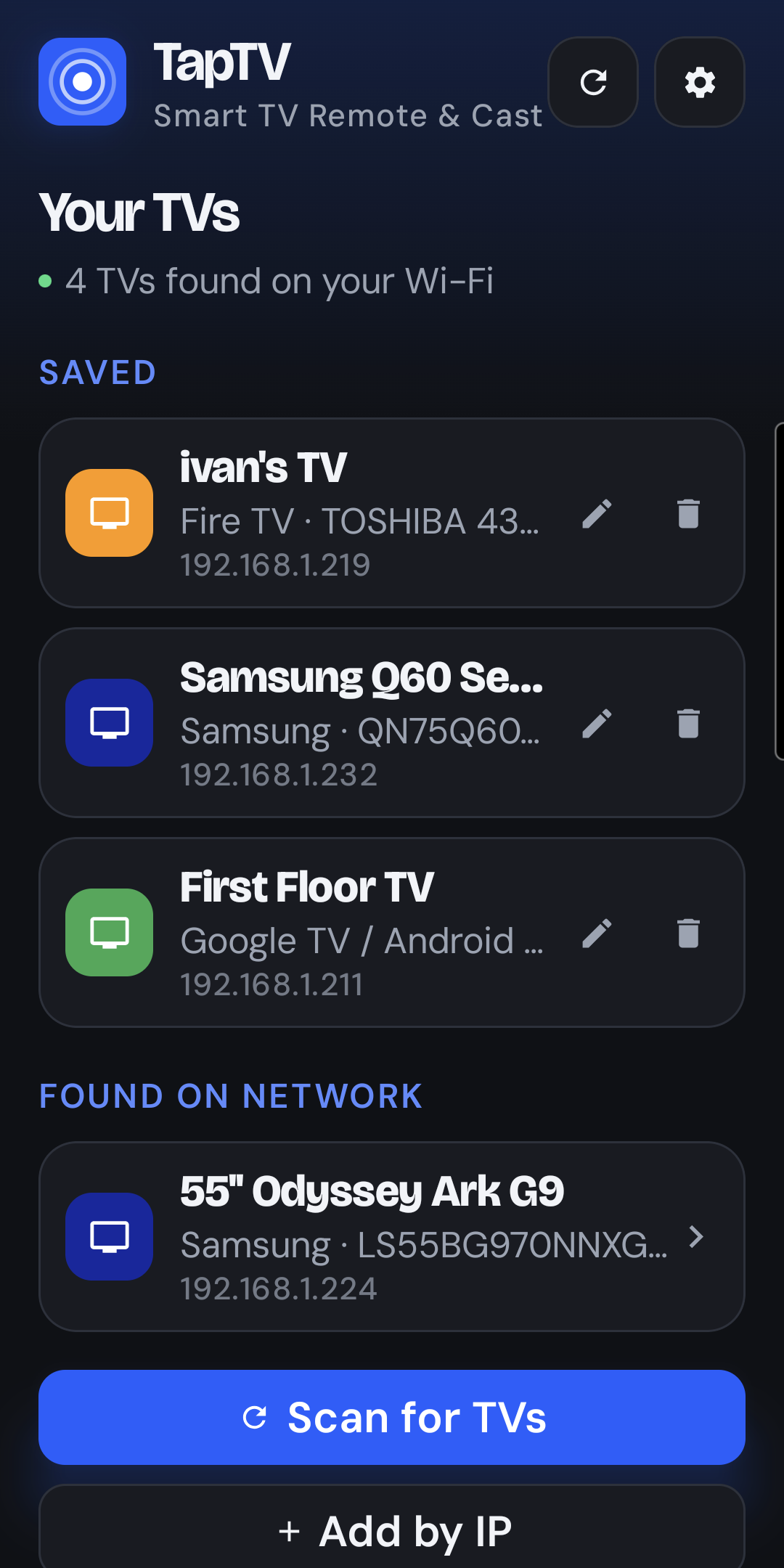 TapTV's TV list showing saved Fire TV, Google TV and Samsung sets while it scans the Wi-Fi for more