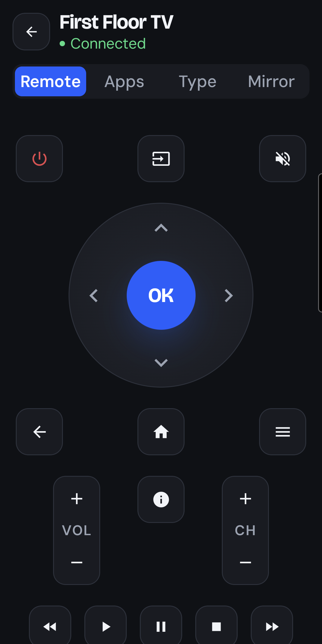 The Remote tab with D-pad, volume, channel and playback controls