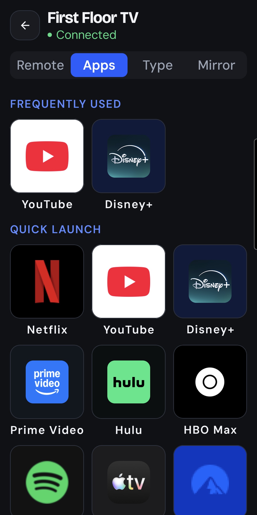 The Apps tab listing the apps installed on the TV with their icons