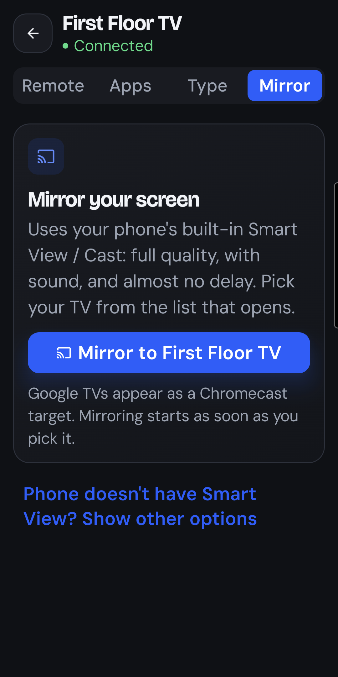 The Mirror tab opening the phone's Smart View picker with the TV listed