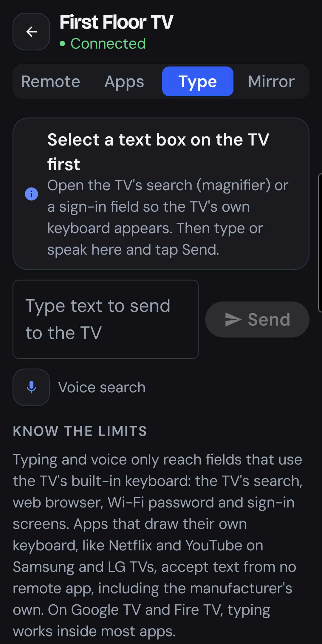 The Type tab for sending text and voice input to the TV's search